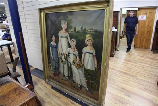 19th century American School Family portrait of four children standing in a garden, 60 x 54in.